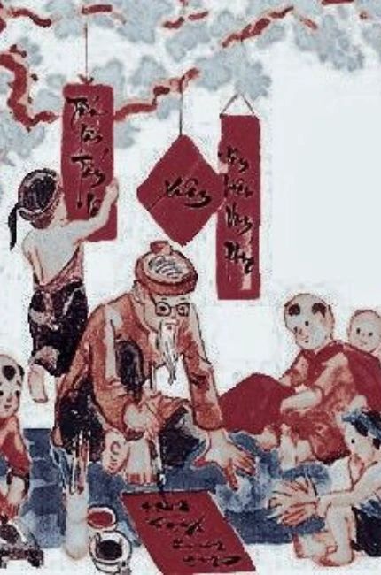 Hình nền Tết chibi cho điện thoại chủ đề thầy Đồ đang viết thư pháp