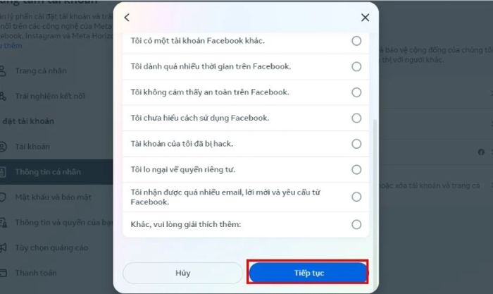 Chọn lý do bạn muốn khóa tài khoản Facebook cá nhân
