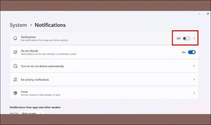Kéo công tắc tại mục Notifications về chế độ Off để tắt các thông báo