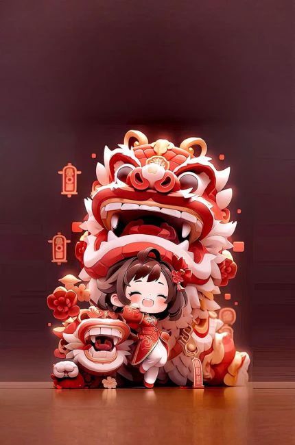 Hình nền Tết chibi chủ đề Lân Tết vô cùng đáng yêu