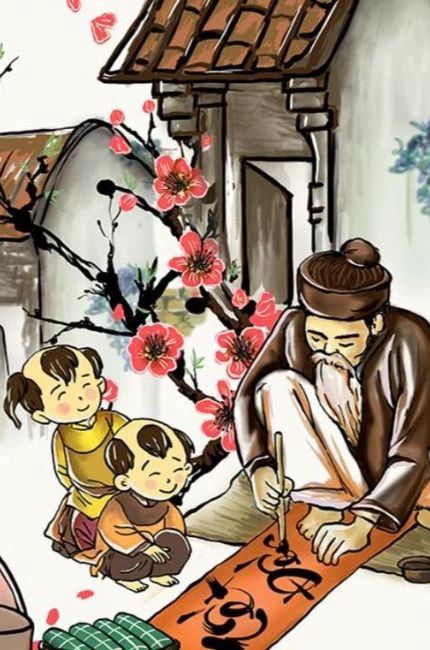Hình nền Tết chibi cho điện thoại chủ đề thầy Đồ trong hình ảnh xưa