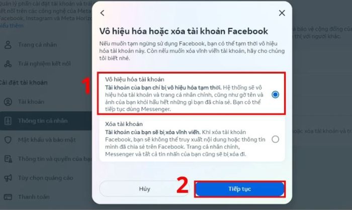 Nhấn vào Vô hiệu hóa tài khoản và chọn Tiếp tục