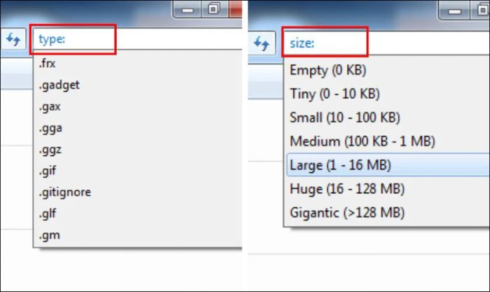Cách tìm kiếm file trên Windows 7 theo đuôi tập tin và kích thước