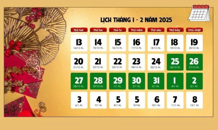 Lịch nghỉ Tết Âm lịch 2025 dành cho người lao động