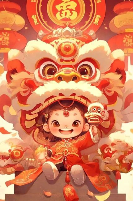 Hình nền Tết chibi với chủ đề Lân Tết dễ thương