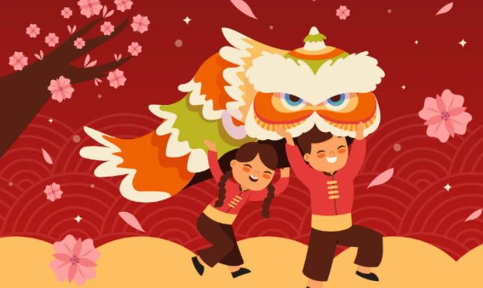 Hình nền Tết chibi với tone màu đỏ rực rỡ