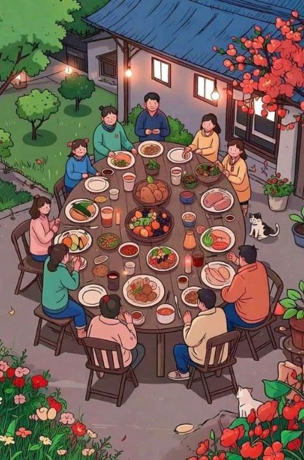 Hình nền Tết 2025 chibi về gia đình sum vầy đầm ấm