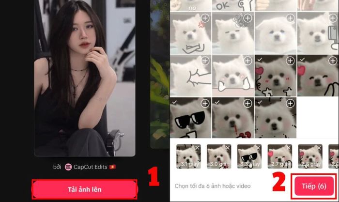 Bạn chọn ảnh từ điện thoại và nhấn Tải ảnh lên. Sau khi chọn xong ảnh, nhấn Tiếp