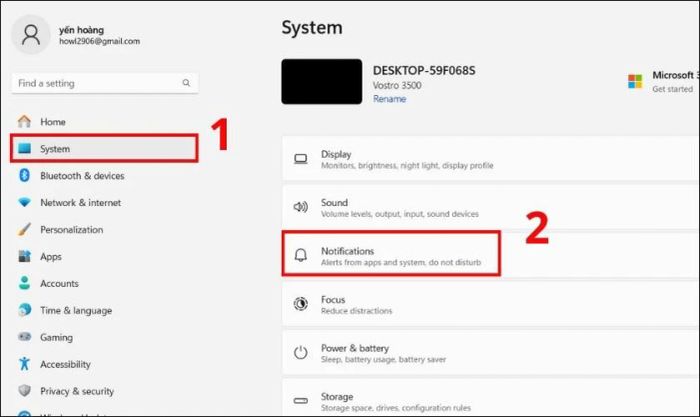Chọn mục System trong thanh menu bên trái và bấm vào mục Notifications