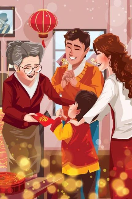 Hình nền Tết 2025 chibi về gia đình vui vẻ và đầm ấm