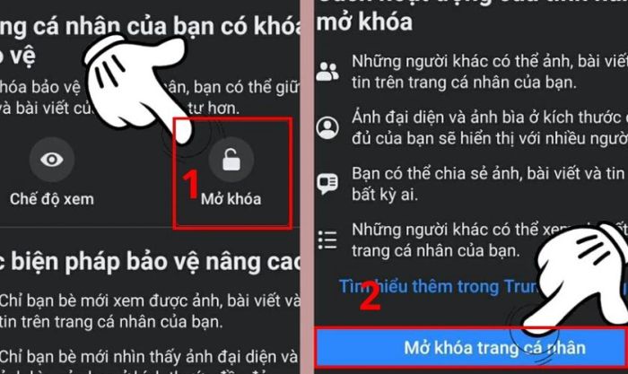 Nhấn chọn Mở khóa và nhấn vào nút Mở khóa trang cá nhân
