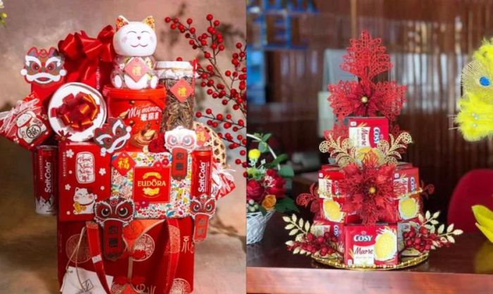 Bộ sưu tập tháp bánh kết hợp nhiều loại bánh màu đỏ