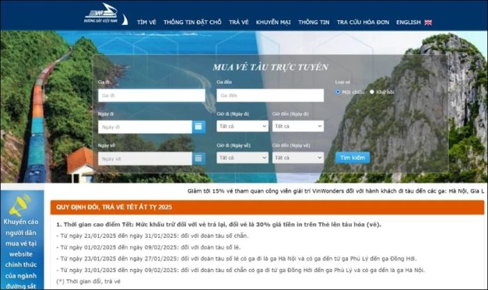 Kiểm tra lịch bán vé trên trang web chính thức của Tổng Công ty Đường sắt Việt Nam