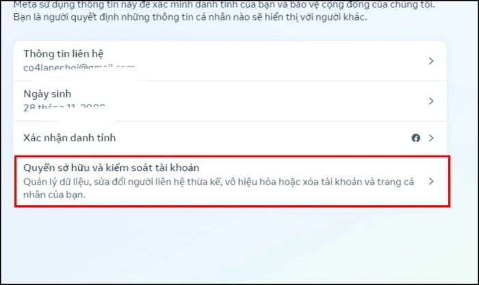Truy cập mục Quyền sở hữu và kiểm soát tài khoản