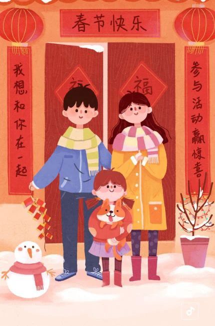 Hình nền Tết 2025 chibi về gia đình nhỏ ấm áp bên nhau