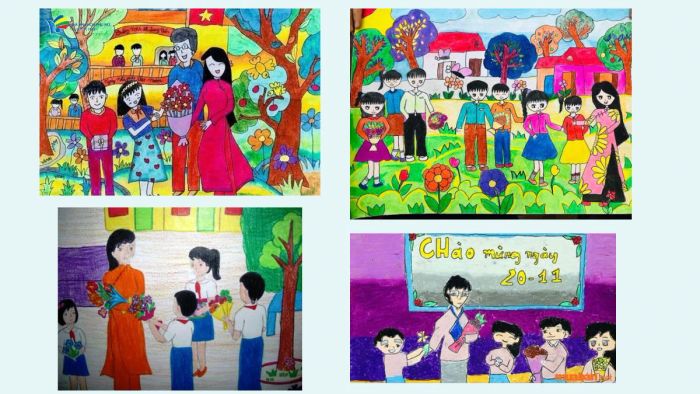 Tranh vẽ 20/11 học sinh trao tặng hoa cho thầy cô