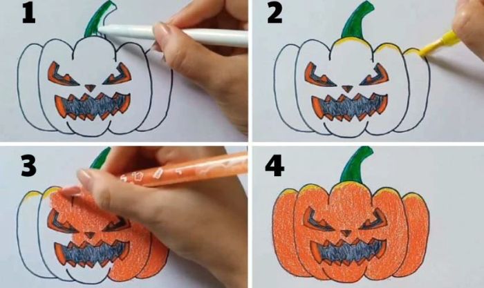 Hoàn thành các bước vẽ quả bí ngô