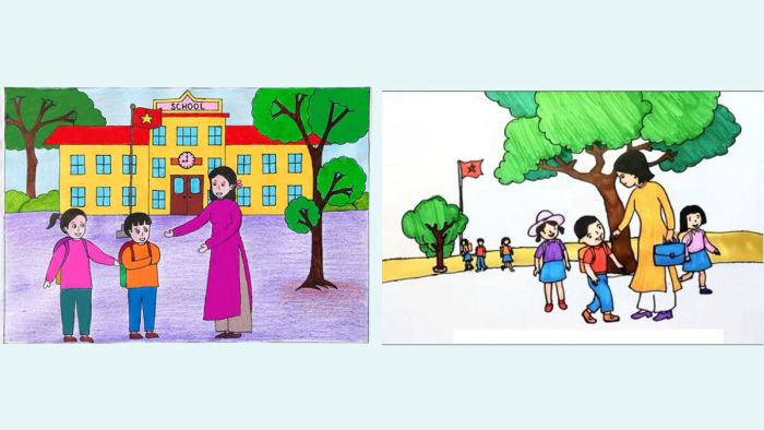 Tranh vẽ 20/11 về hình ảnh thầy cô dắt tay học sinh đến trường