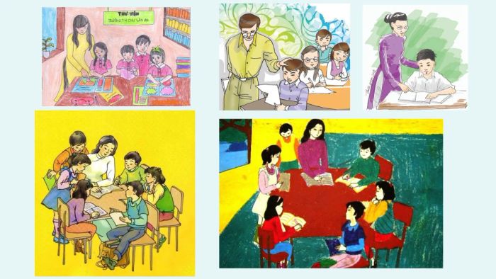 Tranh vẽ thầy cô hướng dẫn học sinh làm bài