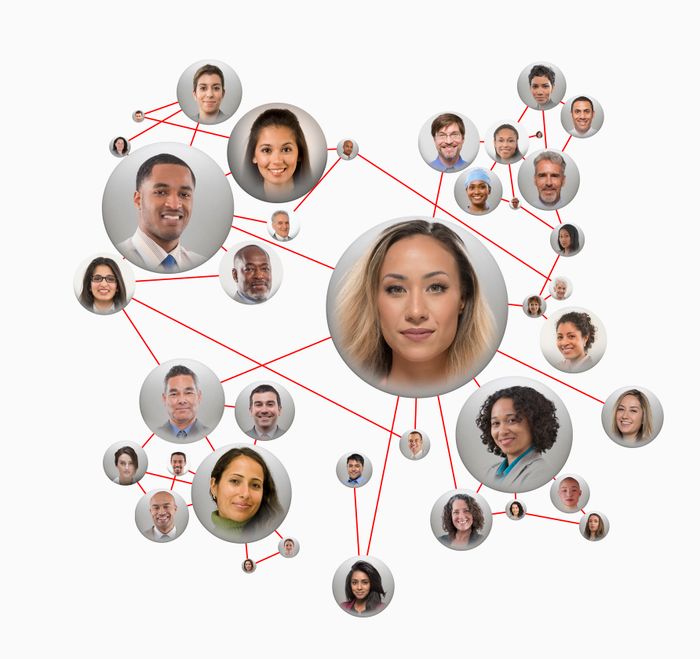 A network of varied individuals interconnected by red lines, symbolizing communication or community. The central woman's headshot is prominently displayed.