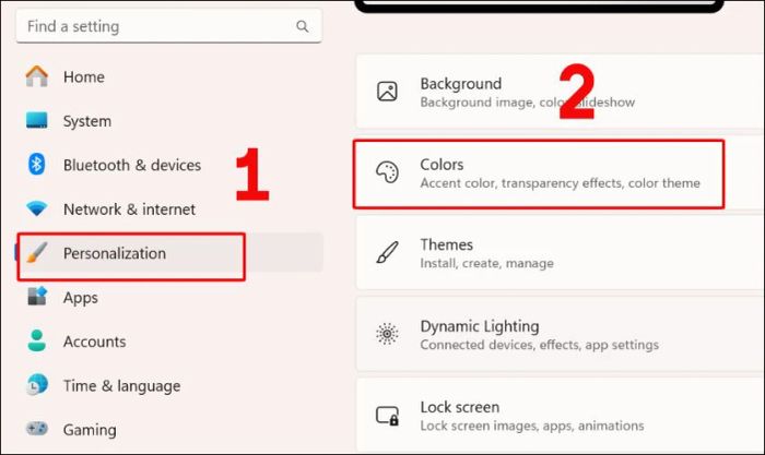 Truy cập Settings, chọn Personalization và chọn Colors