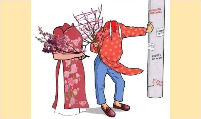 Mẫu ghép ảnh Tết cầm cây đào dành cho cặp đôi