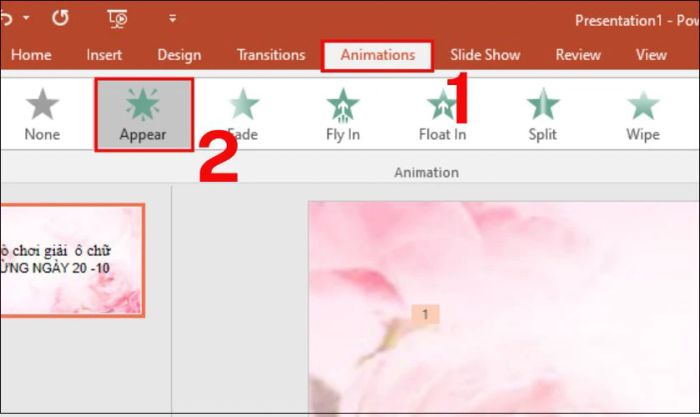 Bạn có thể thêm hiệu ứng động cho câu hỏi bằng cách sử dụng Animations và chọn Appear