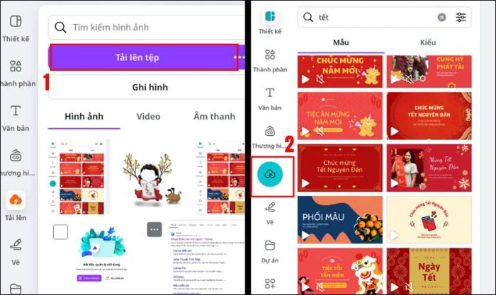 Nhấn vào phần Tải lên và thêm ảnh bạn muốn ghép vào Canva