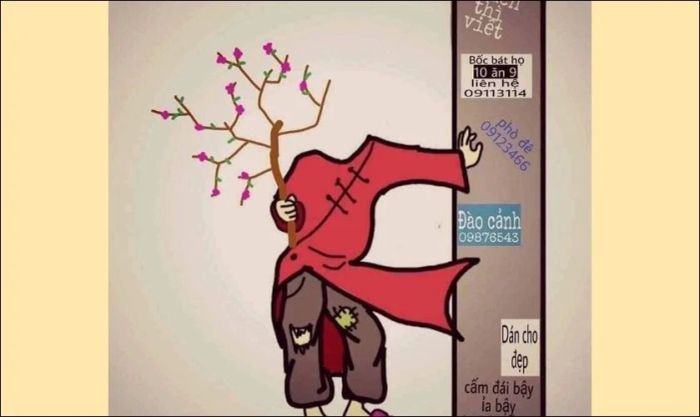 Mẫu ghép ảnh Tết cầm cây đào với phong cách chế vui nhộn