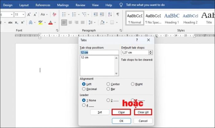 Hướng dẫn xóa Tab sau khi đã thực hiện cách tạo dấu chấm trong Word.