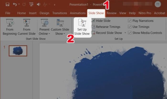 Khởi động PowerPoint, chuyển đến tab Slide Show và chọn Set Up Slide Show