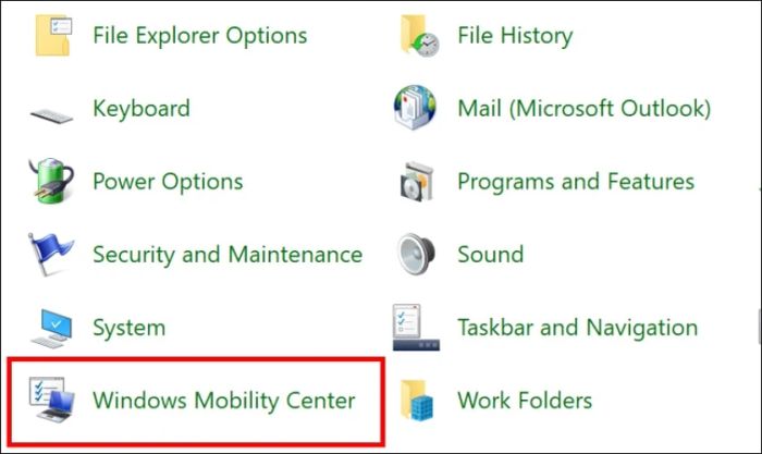 Sau đó, bạn hãy tìm và nhấp vào mục Windows Mobility Center