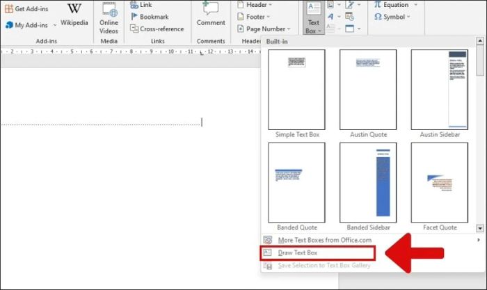 nhấn vào Draw Text Box để gõ chữ lên dòng chấm trong Word