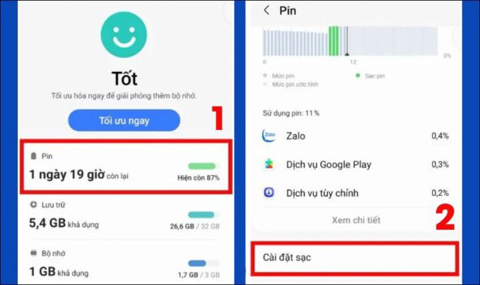 Tiếp theo, chọn mục Pin trong danh sách và vào Cài đặt sạc