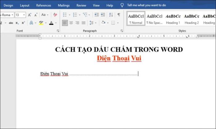 Kết quả sau khi nhấn nút tab trên bàn phím để tạo dấu chấm trong Word.