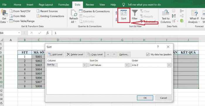 Hướng dẫn sắp xếp dữ liệu trong Excel bằng công cụ Sort
