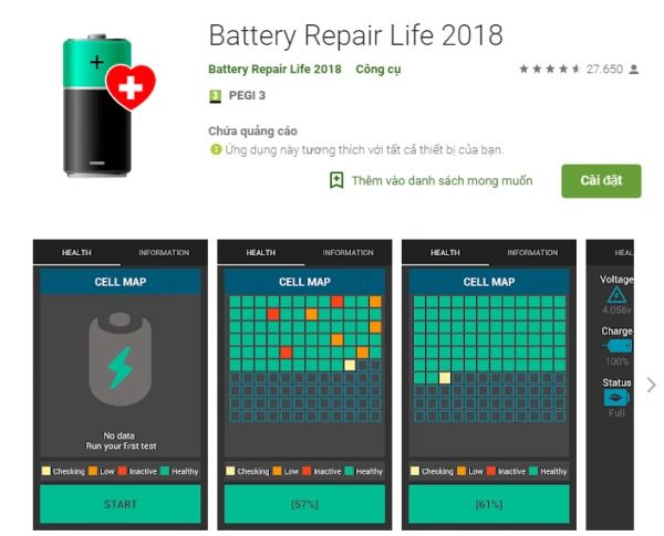 Ứng dụng Android Battery Repair Life cho phép người dùng kiểm tra tình trạng pin của điện thoại Samsung
