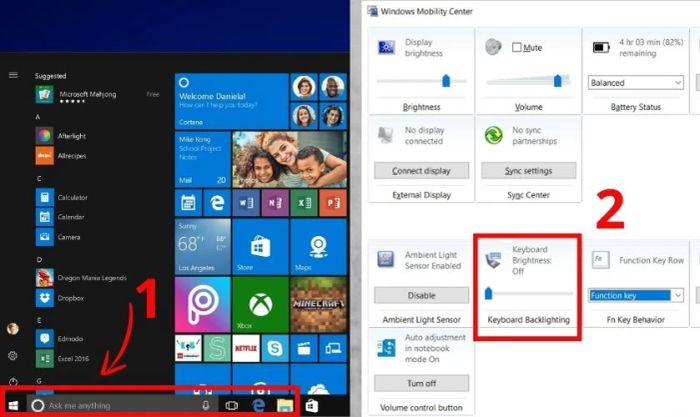 Sử dụng Windows Mobility Center để bật đèn bàn phím HP