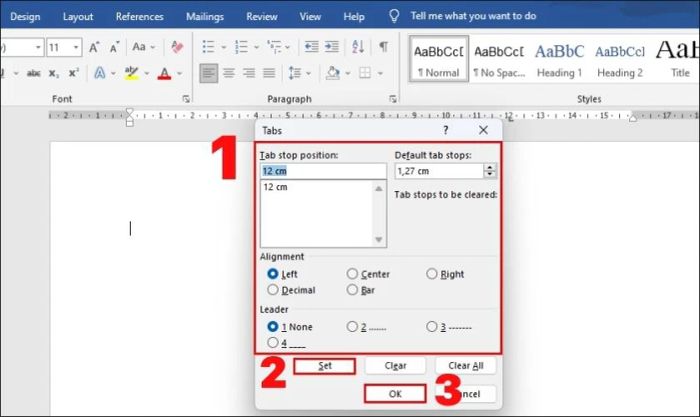 Các bước để tạo dấu chấm trong Word.
