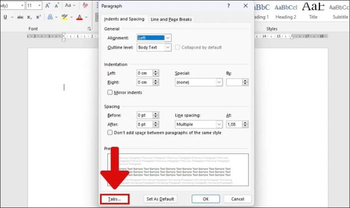 Nhấn vào tab để tạo dấu chấm trong Word.