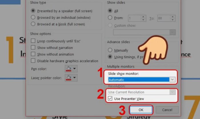Trong mục Slide show monitor, chọn Automatic và đánh dấu vào Use Presenter View