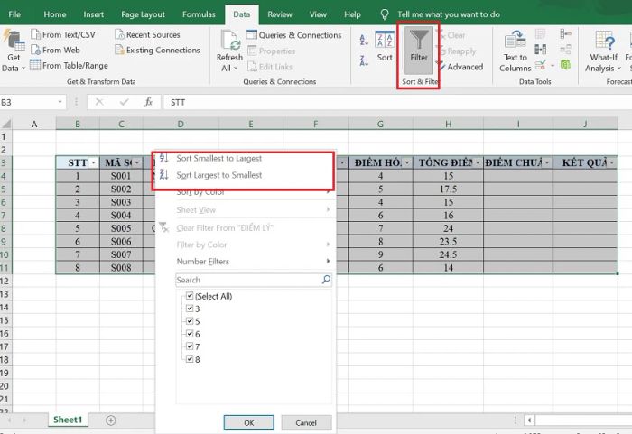 Sắp xếp thứ tự dữ liệu trong Excel với công cụ Filter