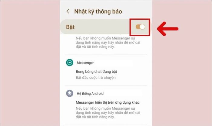Nhấn vào thanh kéo để kích hoạt nhật ký thông báo