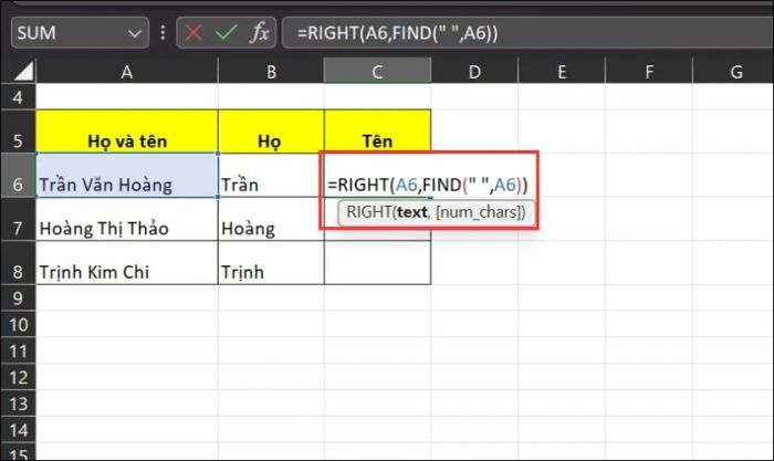 Cách áp dụng Hàm Right để chia cột trong Excel