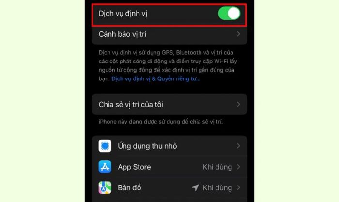 Tắt Dịch vụ định vị