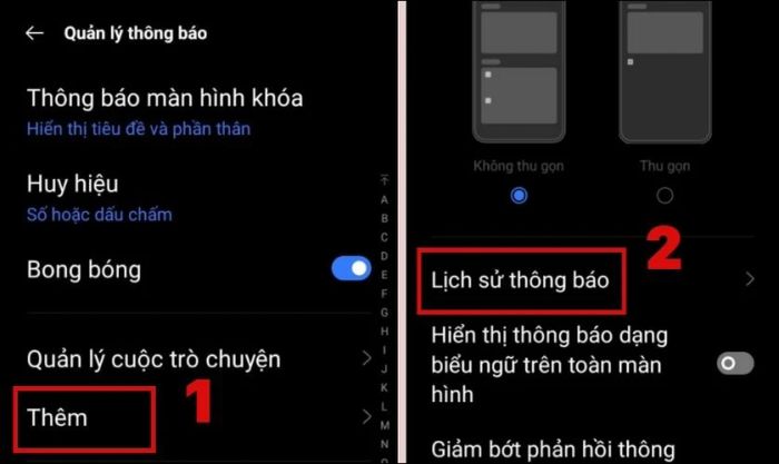 Nhấn vào Thêm và chọn Lịch sử thông báo