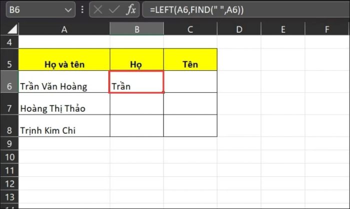Kết quả của cột Họ sau khi tách
