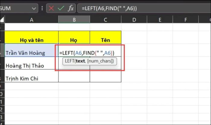 Sử dụng hàm LEFT để chia cột trong Excel