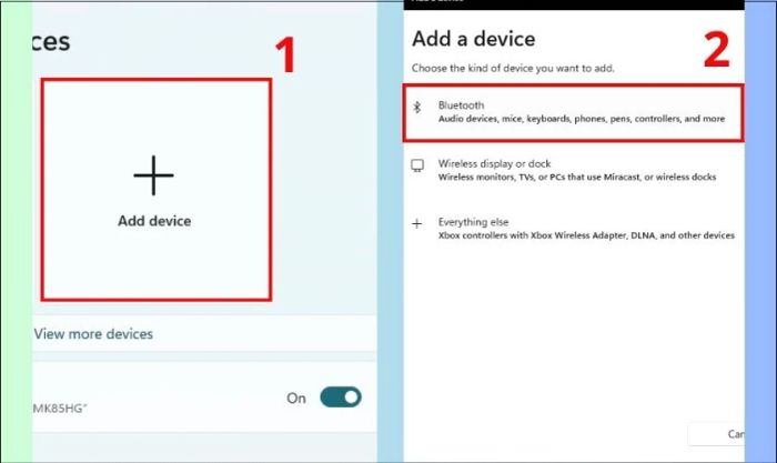 Nhấn Thêm thiết bị và chọn mục Bluetooth
