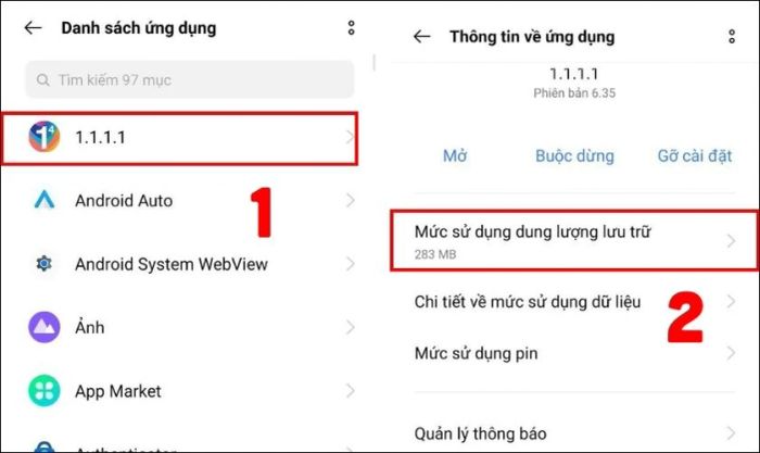 Trong danh sách, chọn ứng dụng có bộ nhớ đệm và nhấn vào Mức sử dụng dung lượng lưu trữ